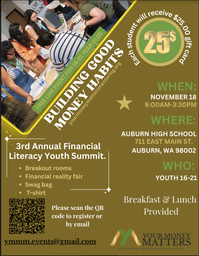 FinBegWA's tweet photo. Our friends over at Your Money Matters Mentoring are hosting their 3rd annual Financial Literacy Youth Summit! Sign up today using the QR code or email provided in the flyer below. https://t.co/P5yy8dAufh