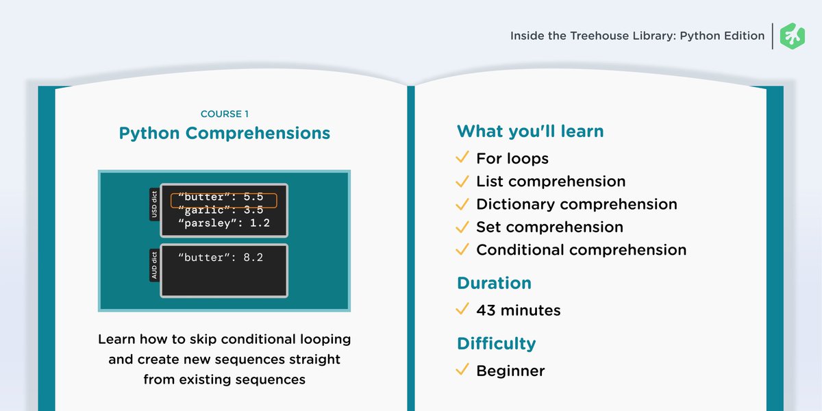 treehouse's tweet image. Elevate your Python skills with Treehouse&apos;s fantastic library of Python courses. 🐍  Learn more about these two here and surf our site for much more content:
#Python Comprehensions trhouse.co/46gxC2J
Flask with #SQLAlchemy Basics trhouse.co/3rxmwr1
Happy learning! 🚀