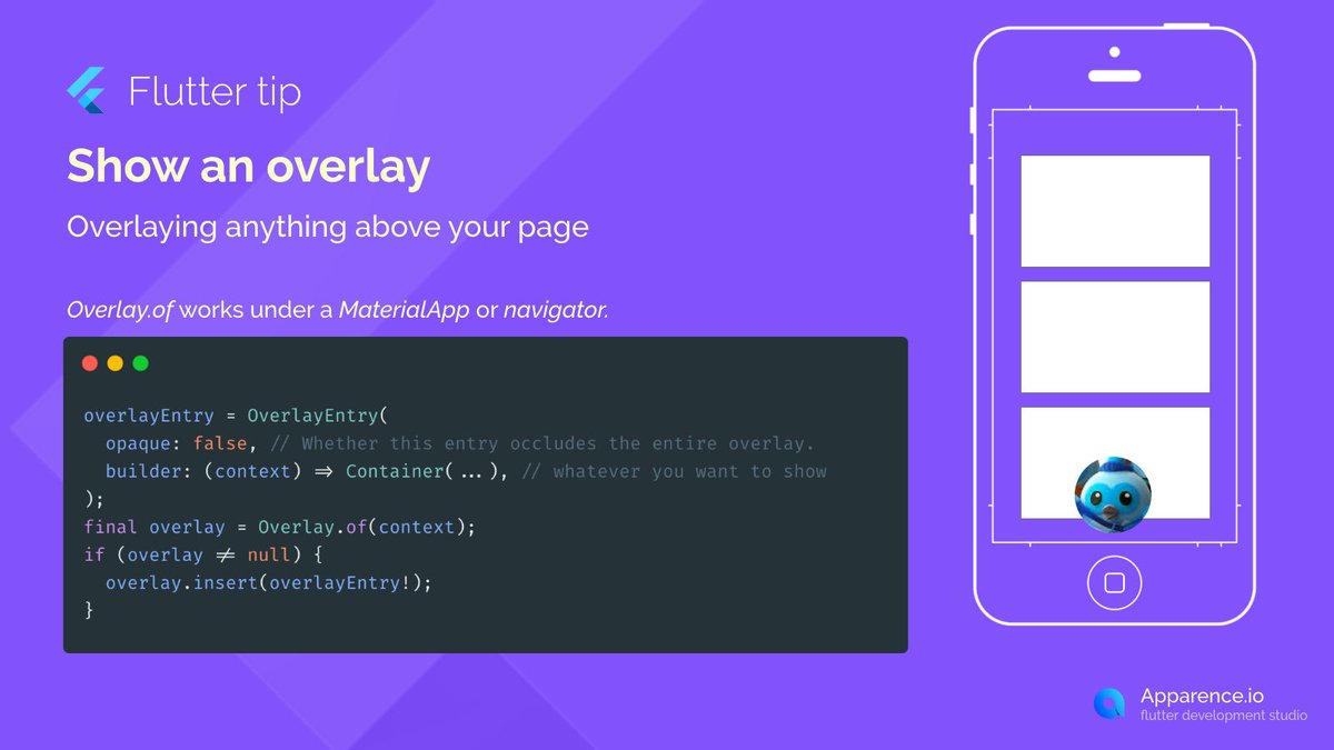 mcflyDev's tweet image. 🧐 Flutter Tip 
How to show an overlay with flutter? 

#flutter #flutterdev #fluttertip