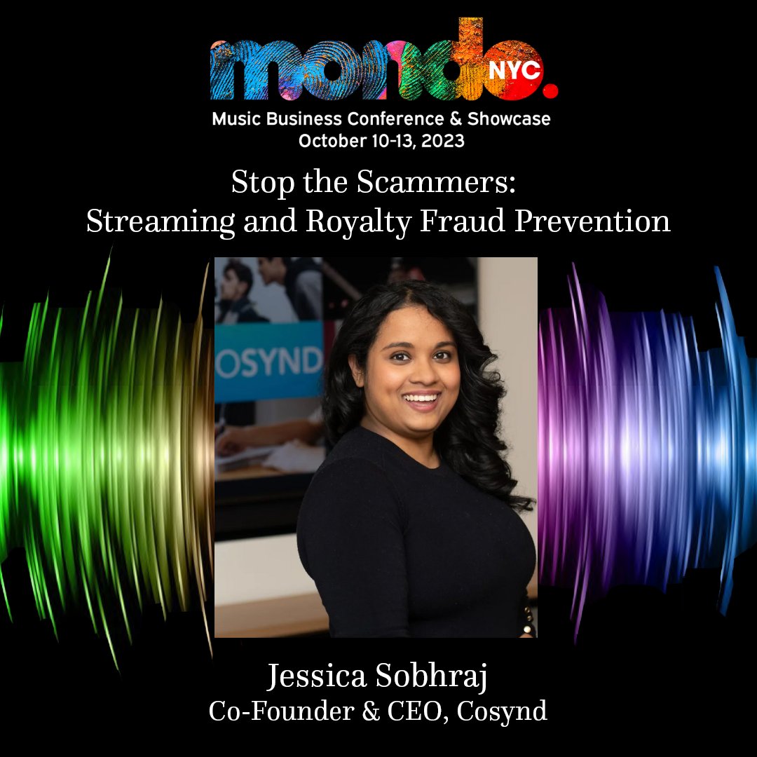 MondoNewYork's tweet photo. Join Jessica Sobhraj (@cosynd), Andrew Batey (@beatdapp), Chris Herche (@createmusic), &amp; Brad Yuan (@downtownmusic), for the "Stop the Scammers: Streaming and Royalty Fraud Prevention" panel, as they dive into fraud prevention strategies.

#mondonyc #mondo2023 #streamingfraud https://t.co/URUSmXsPkc