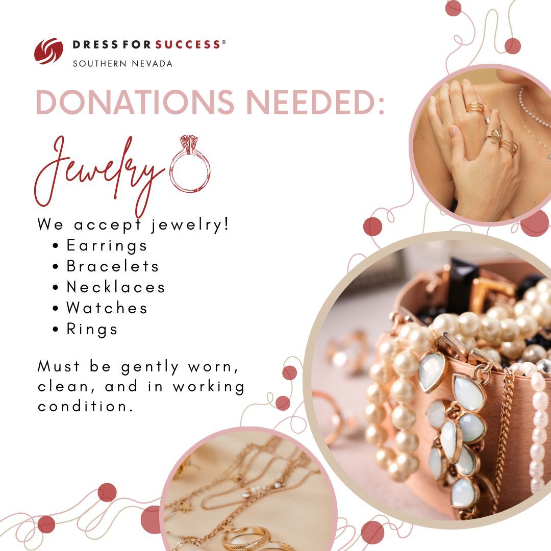 DFSSNV's tweet image. We need business-appropriate jewelry, shoes, and light scarves!! If you'd like to donate any of these items to help a woman feel confident and prepared for her journey toward economic advancement, please email support@dfssouthernnevada.org to schedule your donation drop-off.