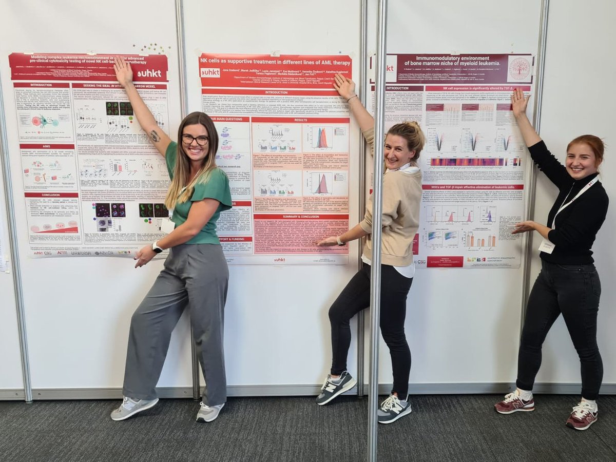 The amazing trio 👩‍🔬🥼 representing @FricLab @IHBTcelltherapy @UHKT_Official with their posters at The XVIII. Myeloma and VI. Cell Therapy Workshop perfectly organised @BCRG_Ostrava 👏👏 #immunotherapy #NKcells #leukemia_microevironment #AML