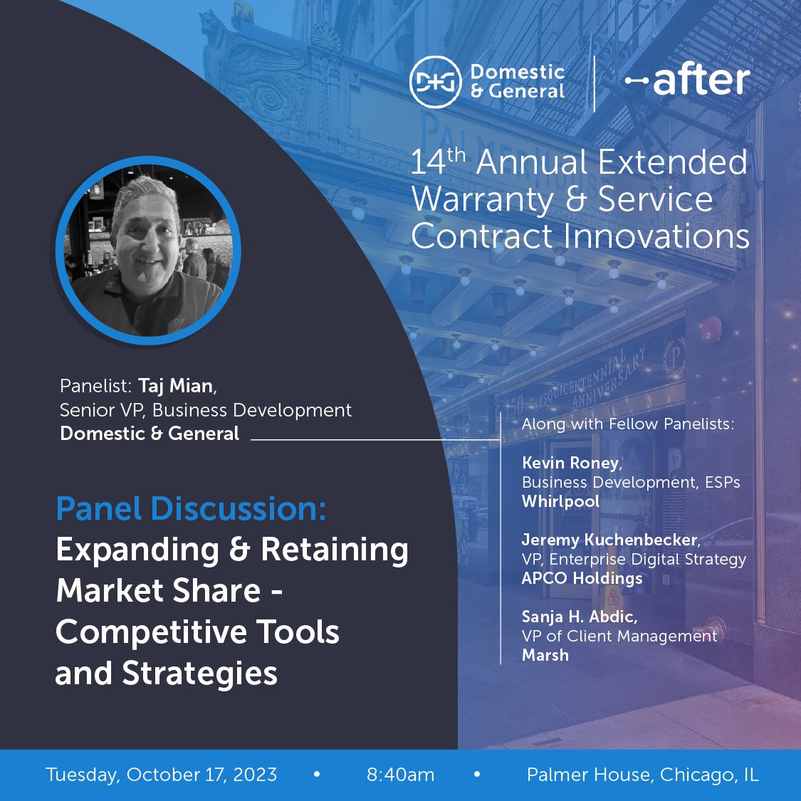 AfterInco's tweet photo. The After, Inc. / @DandG_Global team is gearing up for Extended Warranty &amp; Service Contract Innovations! This year, D&amp;G's Taj Mian will be participating in a panel discussion to talk about the various tools and strategies being used today to expand and retain market share. https://t.co/QBjgVaJ1p2