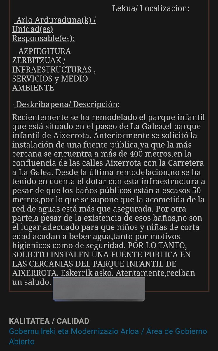 MichaelDeLocks1's tweet photo. Kaixo @GetxoUdala!
Joan den martxoaren 27an, idatzi iradokizun bat Getxoko Udalari iturri bat jartzeko eskatuz. Urriaren erdialdean gaude eta ez dut erantzunik jaso.
Hainbeste kostatzen al da erantzutea?
@GetxoEAJ
@GetxokoEHBildu
@ElkarrekinGetxo @psegetxo @auzokideok https://t.co/K4gVPu84j2
