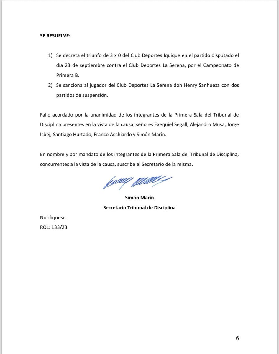 El TD determinó que Deportes Iquique fuera ganador (3-0) ante Deportes La Serena, por el caso Henry Sanhueza. El fallo es apelable, pero la Primera Sala dictaminó lo siguiente: 

<a href="/soyrodrigoaz/">Rodrigo Avalos</a> <a href="/robsanvar/">Roberto Sánchez</a>