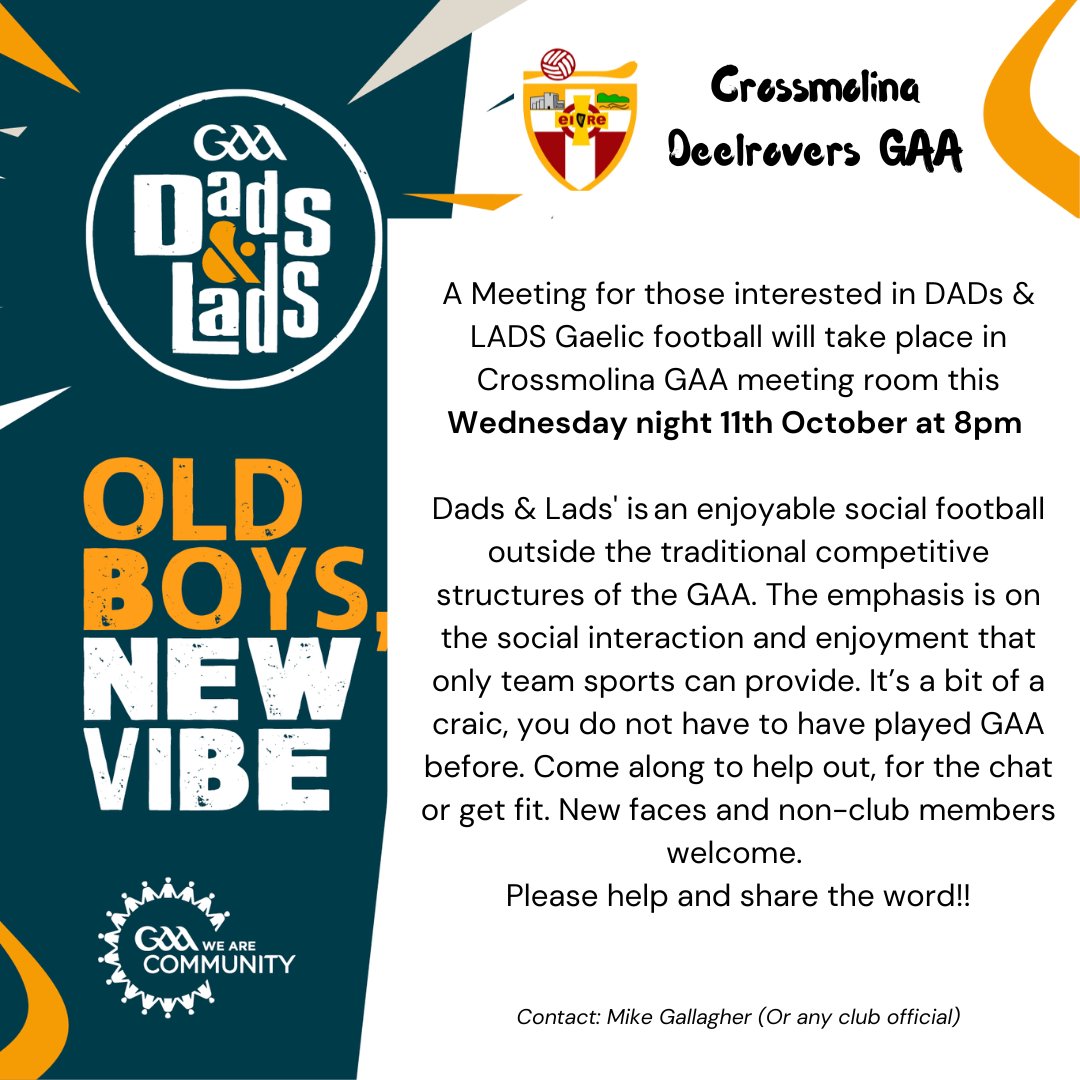 DeelRoversGAA's tweet image. Dad&apos;s &amp;amp; LADS, non club members and new faces welcome..#getoutgetactive @themayonews @WesternPeople @MayoGAA @mindspacemayo @GaaNorth @TOPOCrossmolina