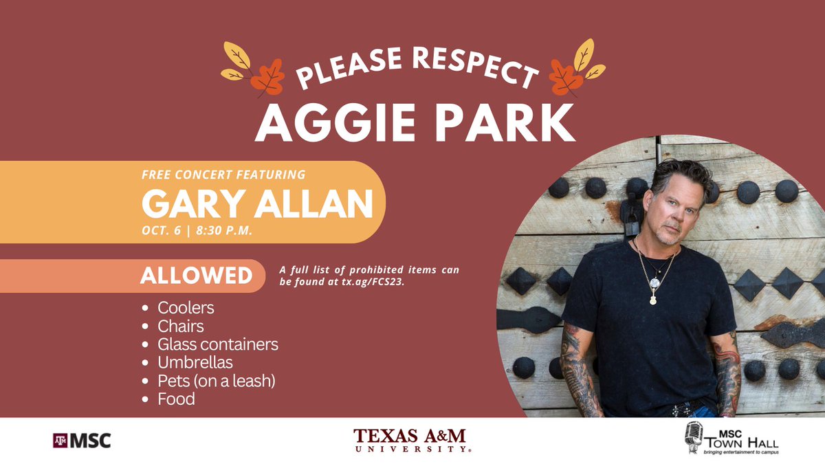 Join us at Aggie Park for a fantastic evening! We encourage you to bring along your own coolers, chairs, umbrellas, and pets. Please remember to leave the alcoholic beverages at home, but glass containers are allowed. Check out tx.ag/FCS23 for more info.