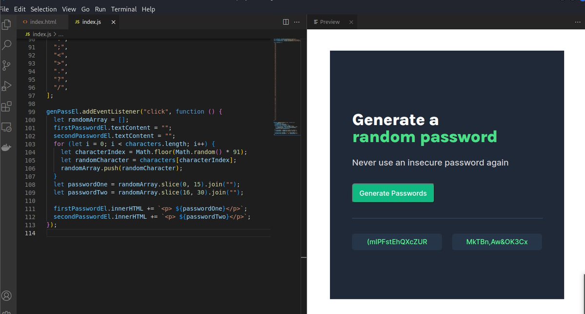 artfulGeek's tweet photo. 🚀 Day 2 of #100DaysOfCode !
I didn't feel energized today but regardless, I put time aside and completed the password generator project using #javascript 🥳🥳

#FrontEnd  #100daysofcoding #WomenWhoCode https://t.co/7gmEzliNyU