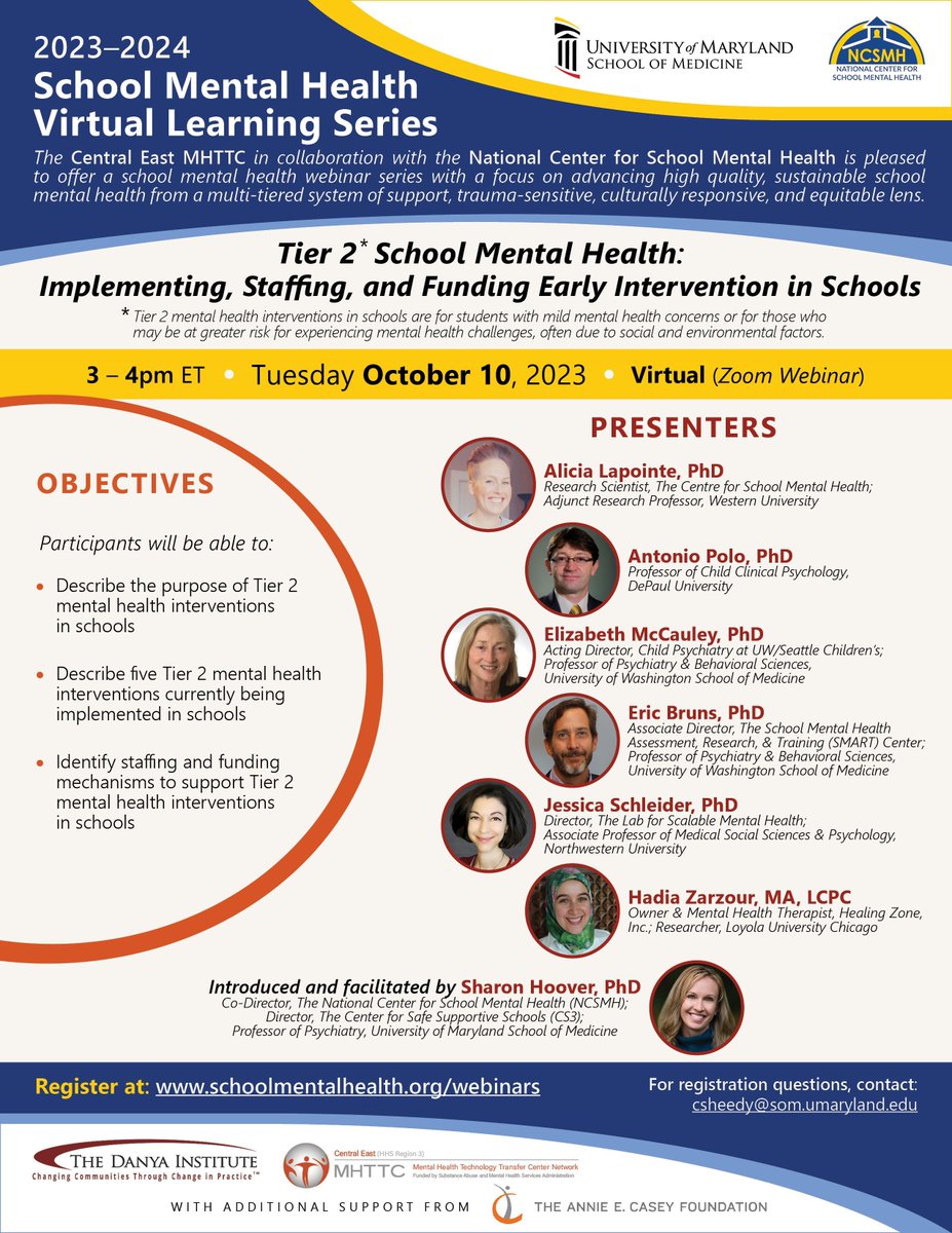 Join us next Tuesday 10/10 at 3pm ET for Tier 2 School Mental Health: Implementing, Staffing, and Funding Early Intervention in Schools! This free webinar is part of the #SchoolMentalHealth Virtual Learning Series. buff.ly/46eTaMY