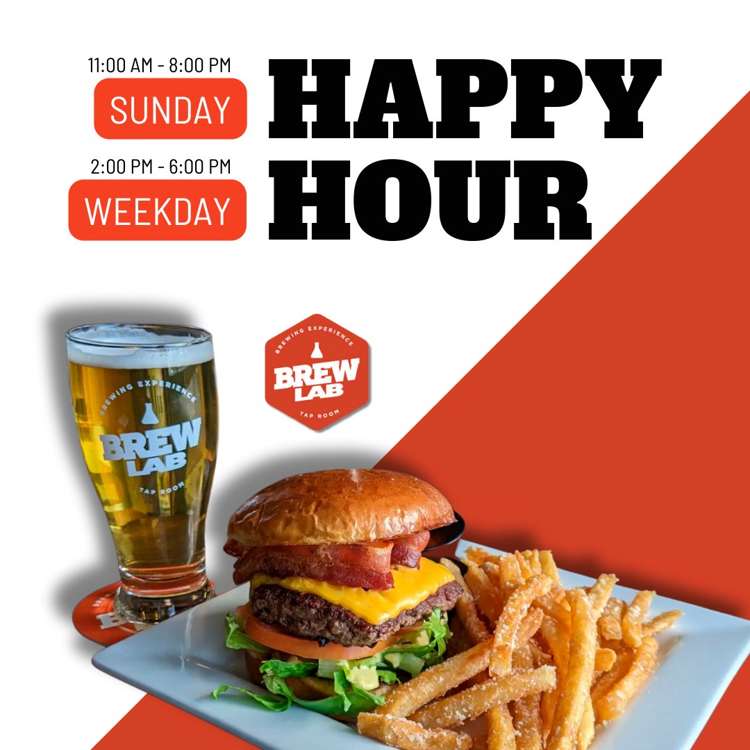 Brew Lab's Happy Hour is even happier, with more hours!  $2 off house beers and cocktails, $6 small plates, and twice the hours!  2-6pm M-F and all day Sunday.  Cheers.😄🥂