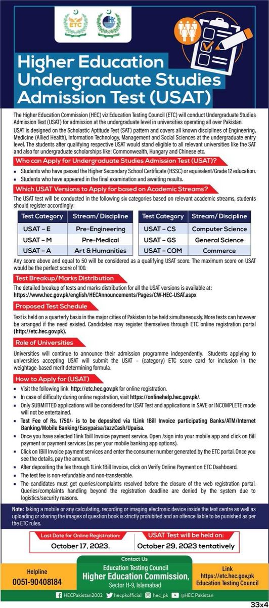 Submit application for ETC USAT test on etc.hec.gov.pk before the deadline October 17, 2023

For details of HEC foreign funded scholarships, visit: hec.gov.pk/.../scholar...…