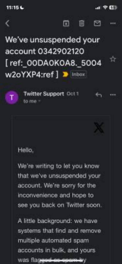 .@elonmusk @Support @bt481405 was suspended. 'X' then apologized to her for being wrongfully suspended. She then purchased a verified account for $114. Before being able to enjoy the features awarded with a verified account she was again suspended. Response this time was a…