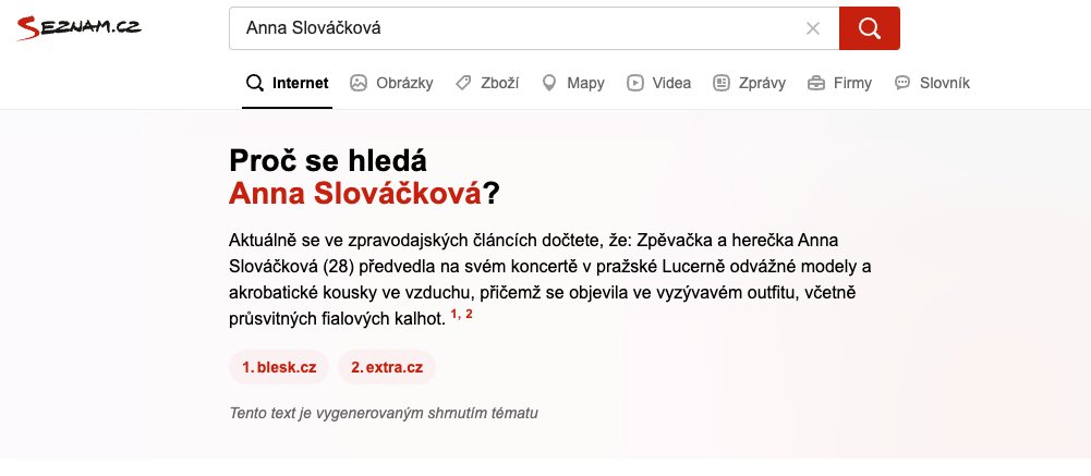 Seznam už začal zobrazovat na nějaké dotazy rychlé odpovědi ala Google SGE, jak ukazoval <a href="/martin_kirschne/">Martin Kirschner 🔎</a> na #seobootcamp a to včetně odkazů, kde obsah našel.