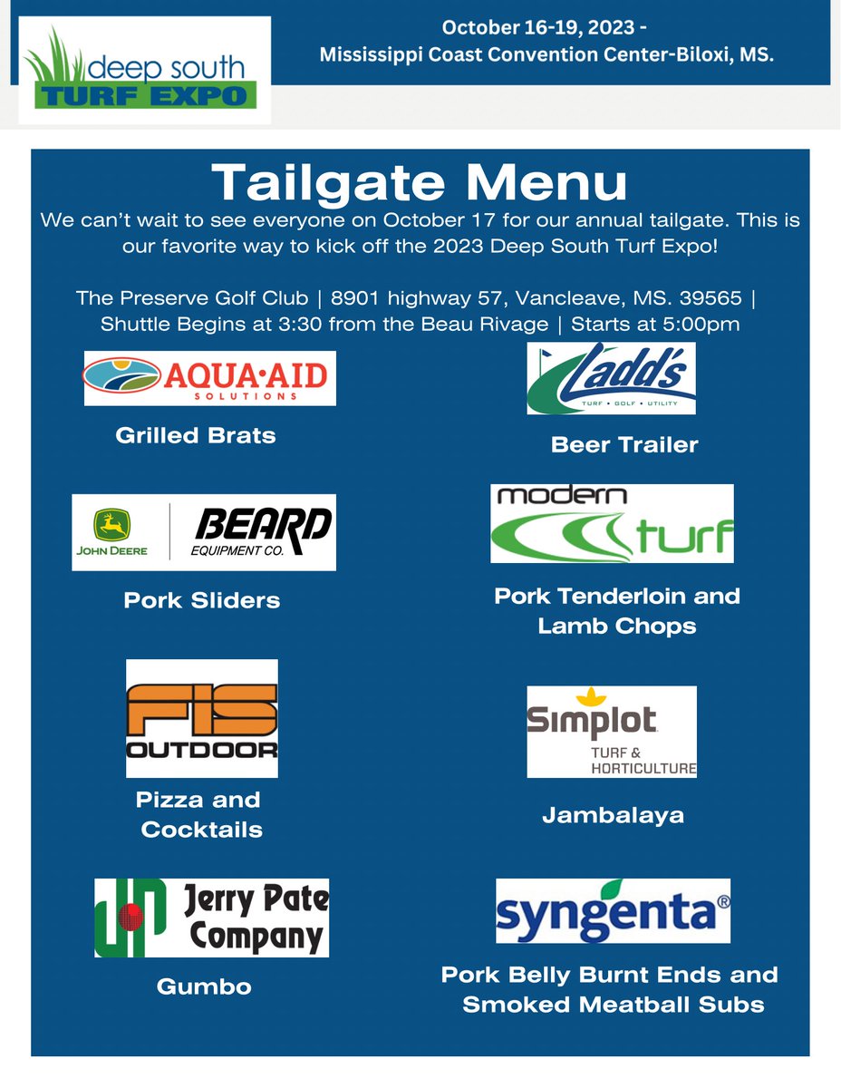 Check out the Menu for our kick off Tailgate! 

You won’t want to miss these!!