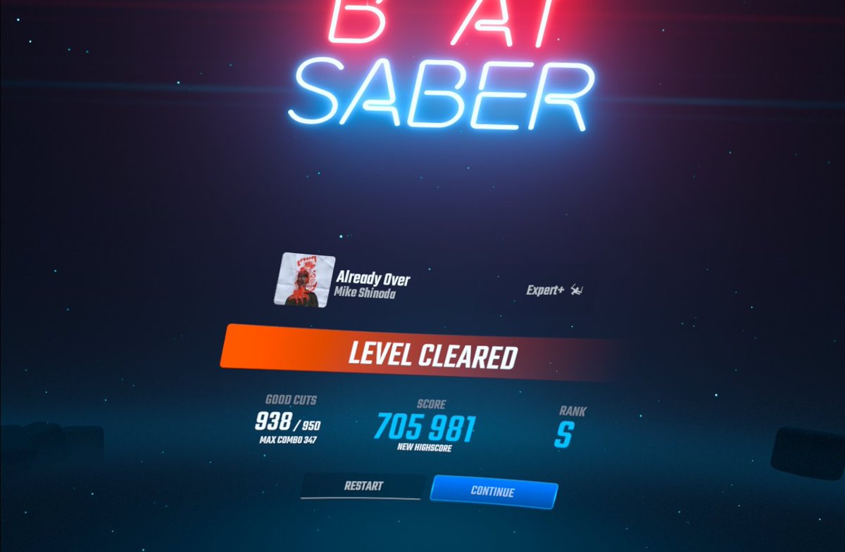 first listen to <a href="/mikeshinoda/">Mike Shinoda</a>'s Already Over with Beat Saber experience. like the song and the map! can't wait for the weekend to try all the new ones 😃