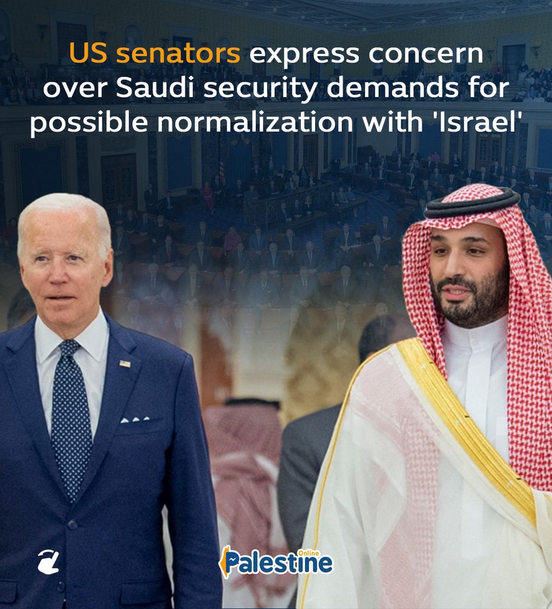 OnlinePalEng's tweet photo. In a letter sent, 20 senators urged the Biden administration to be cautious about any security provisions or nuclear assistance to Saudi Arabia, while endorsing Washington’s efforts to establish relations between Riyadh and ‘Israel’. https://t.co/nnuLndOPha