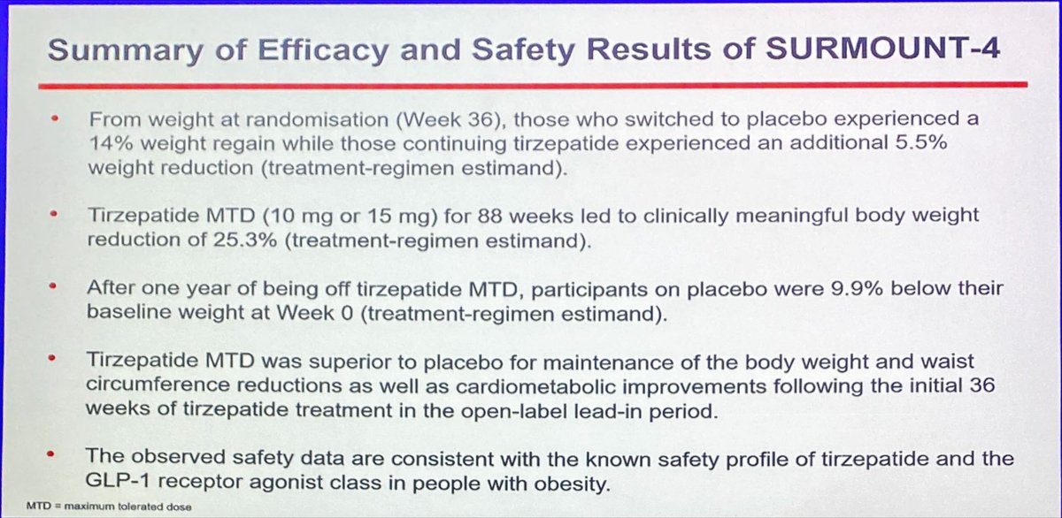 ❗️SURMOUNT-4
Maintenance effects of Tirzepatide vs placebo ❗️#EASD2023
🔸great weight loss with percentage weight loss&gt;25% in over half on treatment 
🔹expected weight regain off treatment
🔸impressive BP reduction 
🔹unusual to see the maintenance then rise in ALT in placebo