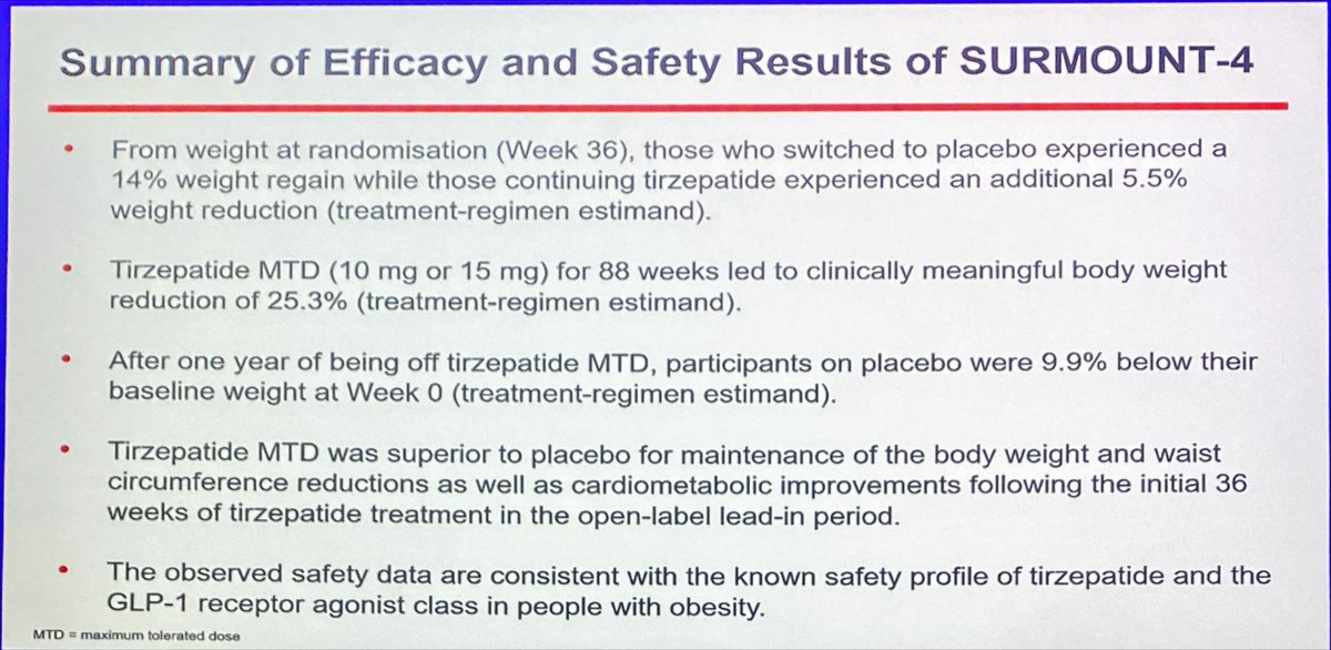 ❗️SURMOUNT-4
Maintenance effects of Tirzepatide vs placebo ❗️#EASD2023
🔸great weight loss with percentage weight loss>25% in over half on treatment 
🔹expected weight regain off treatment
🔸impressive BP reduction 
🔹unusual to see the maintenance then rise in ALT in placebo…