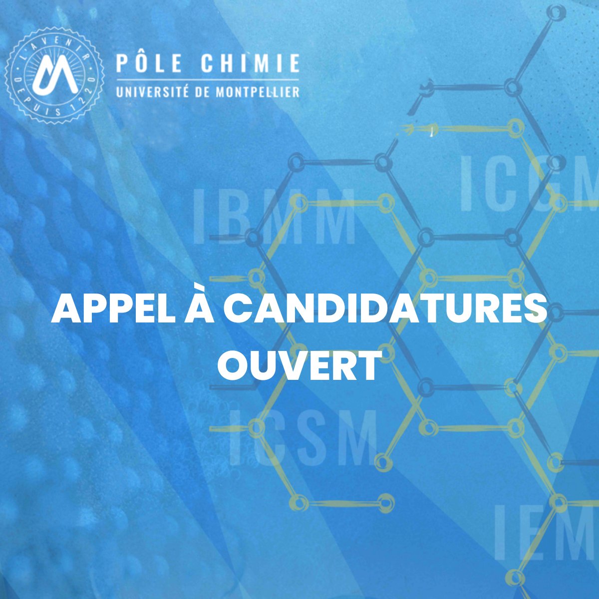 📢 L'appel à candidatures du Pôle de Recherche Chimie pour le soutien à l'organisation d'une manifestation scientifique est ouvert jusqu'au 20 Octobre 2023 +info: pole-chimie@umontpellier.fr