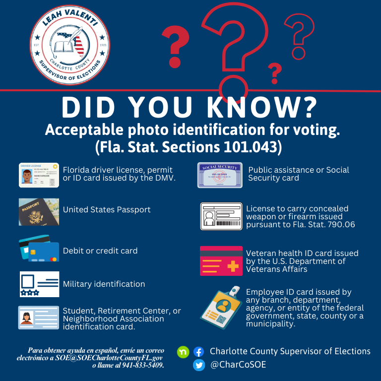 CharCoSOE's tweet photo. Florida's voter ID requirements are outlined in Florida Statute 101.043. Being voter-ready is imperative to a streamlined voting experience for all. #Vote #YourVoteIsYourVoice #IDRequired #BeVoterReady https://t.co/Z5jMMildbg