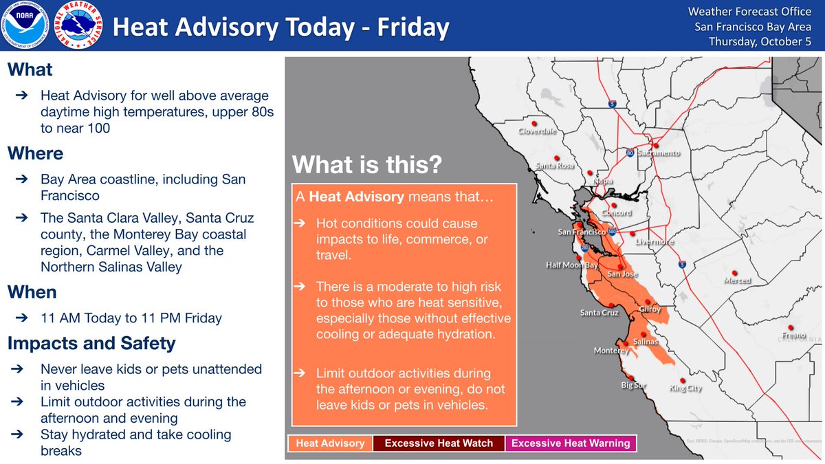 NWSBayArea's tweet photo. The Heat Advisory goes into effect at 11 am today and has been expanded to include the coastal areas of the Monterey Bay, the northern Salinas Valley, and Carmel Valley. #CAwx #CAheat https://t.co/hDwzWSdlRD