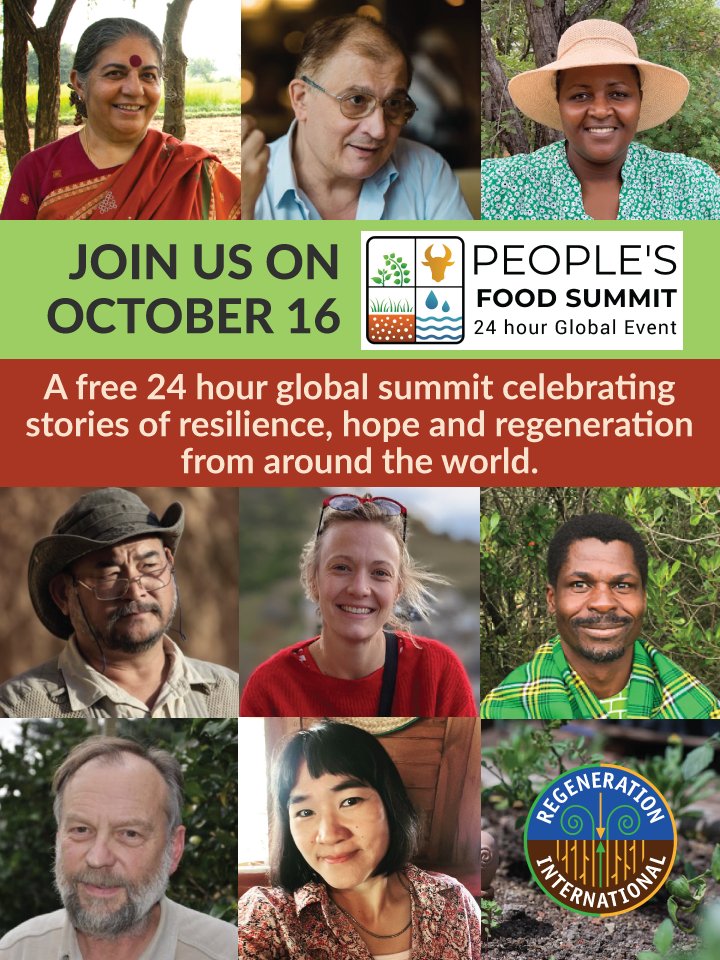 Join us on October 16 for the People's Food Summit, a free 24-hour online event in celebration of #WorldFoodDay featuring speakers from around the world sharing messages of resilience, hope and regeneration.
Learn more:
regenerationinternational.org/peoples-food-s…