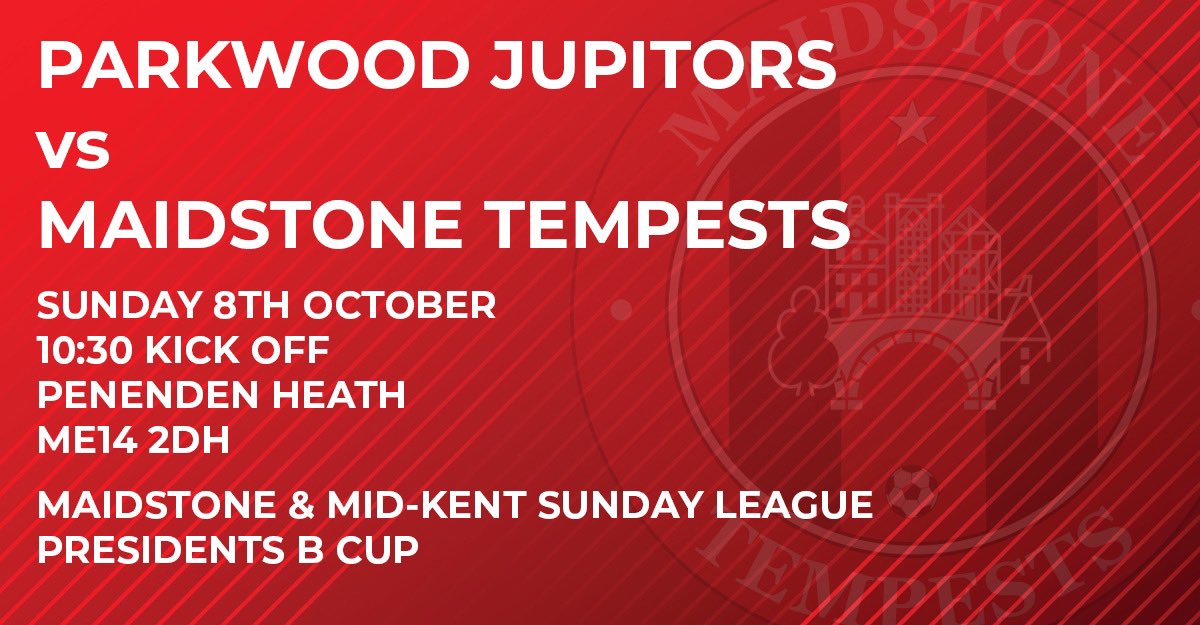 Cup action as Tempests face Parkwood Jupitors in the Presidents B.

⚽️ <a href="/mmksfl/">Maidstone & Mid Kent Sunday Football League</a> Presidents B Cup
🆚 <a href="/JupitorsP/">Parkwood Jupitors</a> 
🕒 Sun 8th October / 10:30 KO
🏟 Penenden Heath / ME14 2DH

Referee - D.Geary

#WeAreTempests #SundayLeague @SELKGrassroots #MaidstoneTempests