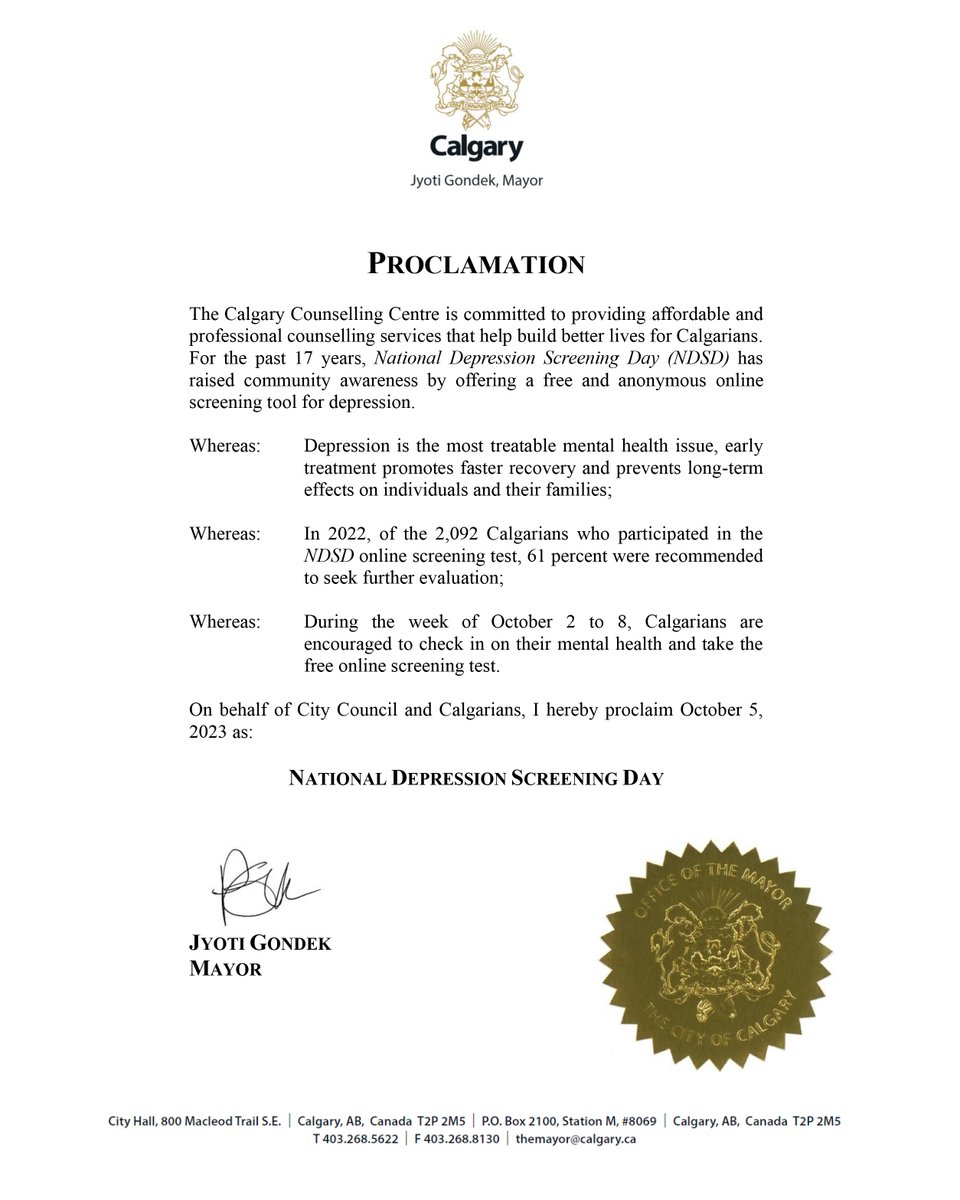 Mayor <a href="/JyotiGondek/">Jyoti Gondek</a> has proclaimed today as National Depression Screening Day.

Take a moment today to check in with how you're doing.

Take the free quiz at areyoufeelingok.com

#NDSD2023 #OneStepBetter