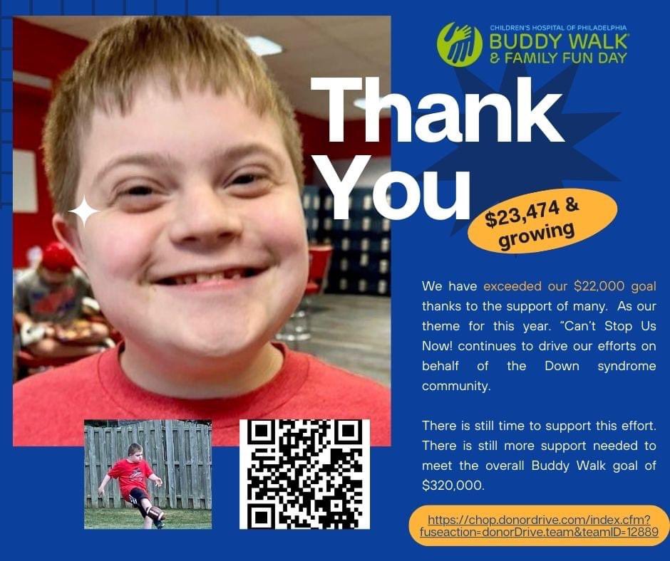 jmgerhart's tweet photo. We are grateful for the incredible support of #TeamEvan and #CHOPBuddyWalk. We’ve raised more than $23,000 for the #Downsyndrome center at @ChildrensPhila There’s still time to give! https://t.co/Tf51M8oJ12