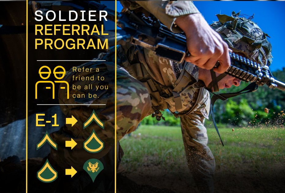 Refer a friend and you both can benefit! The Soldier Referral Program encourages all @USArmy Soldiers to support recruiting and gives them an opportunity to share their #CalltoService stories. To learn more about the program, visit: army.mil/article/263437…