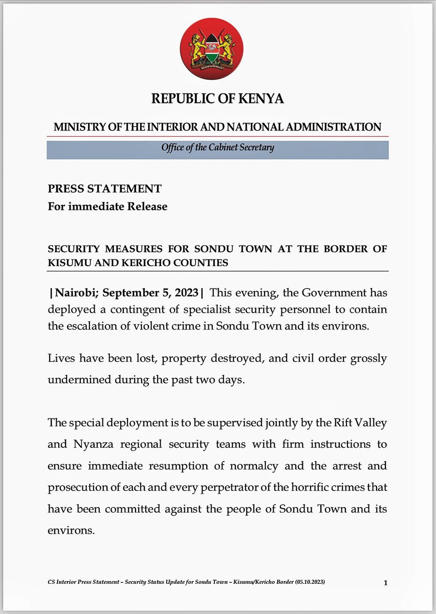 abuga_makori's tweet photo. BREAKING

Interior CS Kithure Kindiki has deployed Special Security teams [GSU] to Sondu town along Kisumu-Kericho border. The team is set to restore normalcy, arrest criminals and restore order. Prof. Kindiki has further TRANSFERRED security chiefs from both sides along with security and public officers whose partiality and/or incompetence led to clashes.