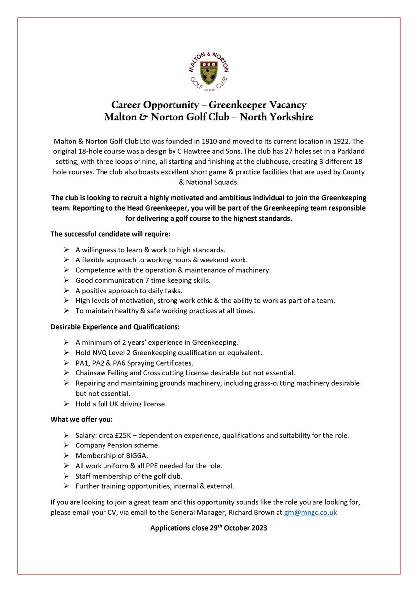 Malton &amp; Norton GC has an exciting opportunity for a full time greenkeeper to join the team. Ideally a qualified greenkeeper but we would be happy to consider a non greenkeeper with the right skill sets <a href="/BIGGALtd/">British & International Golf Greenkeepers Assn.</a> <a href="/BIGGAYorkshire1/">BIGGA Yorkshire</a> <a href="/YORKSHIREGOLFER/">YORKSHIRE GOLFER MAG</a> <a href="/YUGCUK/">Yorkshire Golf</a>