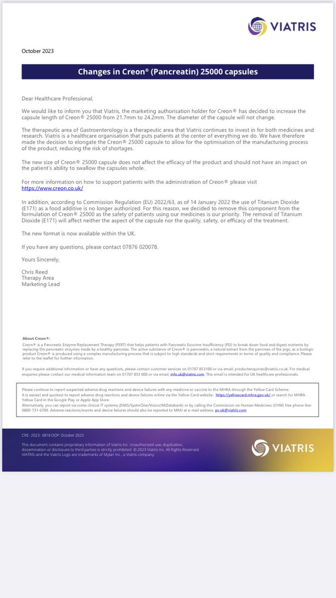 CF BDA Specialist Group, CF Dietitians (@bda_cf) on Twitter photo Confirmation from Viatris regarding the change in size of Creon 25,000. Also received confirmation that they will be making new creon holders to accommodate.@darrenDJS77 <a href="/adult_cf/">Leeds Adult Cf Dietitians</a> <a href="/CF_dietitians/">UHB CF Dietitians</a> <a href="/NHSL_Dietetics/">NHS Lothian Dietitians</a> <a href="/allwalescf/">@AllWalesCF</a> <a href="/abihalstead/">abi halstead</a> <a href="/CFpaedsGNCH/">CysticFibrosisPaedsTeamGNCH</a> <a href="/NUH_CFUnit/">Cystic Fibrosis Unit NUH</a> Confirmation from Viatris regarding the change in size of Creon 25,000. Also received confirmation that they will be making new creon holders to accommodate.@darrenDJS77 <a href="/adult_cf/">Leeds Adult Cf Dietitians</a> <a href="/CF_dietitians/">UHB CF Dietitians</a> <a href="/NHSL_Dietetics/">NHS Lothian Dietitians</a> <a href="/allwalescf/">@AllWalesCF</a> <a href="/abihalstead/">abi halstead</a> <a href="/CFpaedsGNCH/">CysticFibrosisPaedsTeamGNCH</a> <a href="/NUH_CFUnit/">Cystic Fibrosis Unit NUH</a>