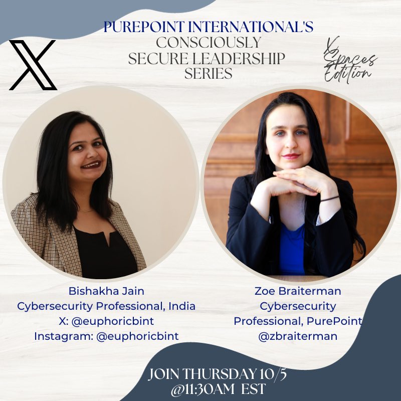 Zoe Braiterman (@zbraiterman) on Twitter photo Many thanks to #cybersecurity leader, <a href="/euphoricbint/">Bishakha Jain</a>,
for joining me today for this week’s <a href="/PurIntl/">PurePointInt'l</a> #ConsciouslySecureLeadership series X Spaces discussion. Proudly sharing a quote from Bishakha.
#cybersecurityawarenessmonth Many thanks to #cybersecurity leader, <a href="/euphoricbint/">Bishakha Jain</a>,
for joining me today for this week’s <a href="/PurIntl/">PurePointInt'l</a> #ConsciouslySecureLeadership series X Spaces discussion. Proudly sharing a quote from Bishakha.
#cybersecurityawarenessmonth
