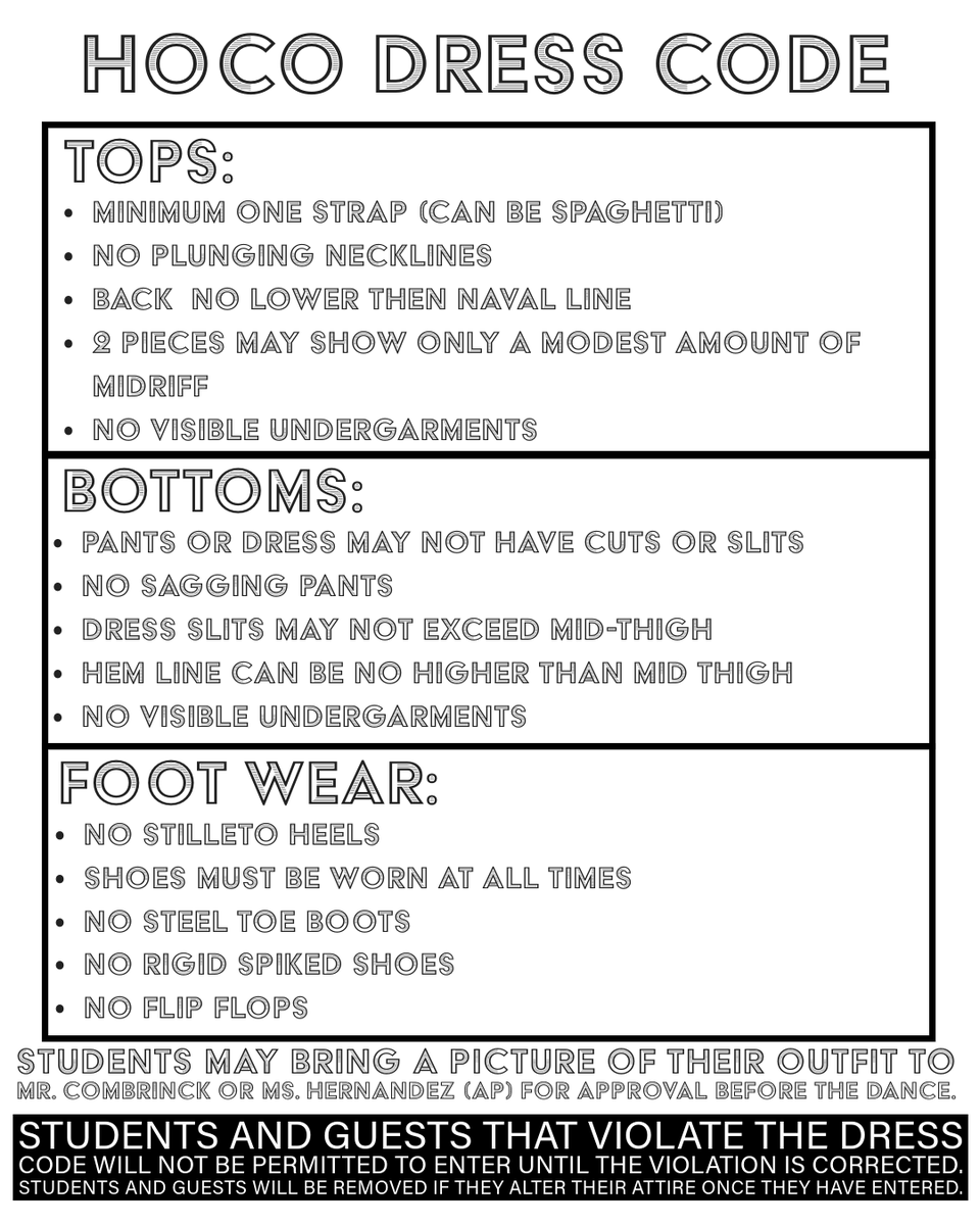 donsofferahs's tweet photo. Please review the HOCO Dress Code.  If you have any questions see Mr. Combrinck or Ms. S. Hernandez. #HOCO2023 https://t.co/Y3yFXARS4S