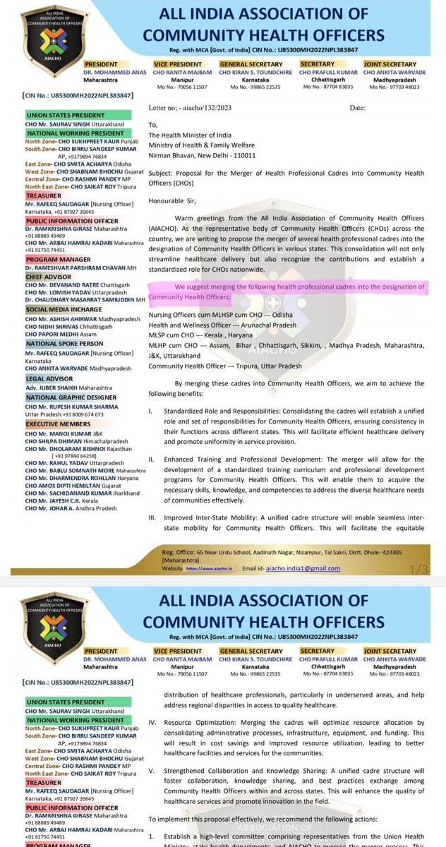 anas_president's tweet photo. Government of India ne All over India CHO ka Designation Community Health Officer final kar dia hai. Aap New letter ka point No 2 read kar sakte Hain jo bright red colour mein saaf likha hai MLHP designated as Community Health Officer,  Hamare memorandum mein bhi pink colour mein aap read kar sakte Hain humne request kia tha CHO ka designation All over India Community Health Officer hona chahiye, Sarkar ne bhi is baat ko maan lia hai. Thank You @vishalchauhan_1 sir 💐#AIACHO