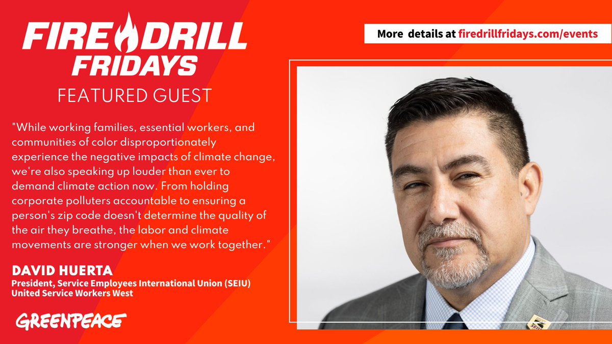 Tomorrow, 10/6 @ 11amPT/2pmET, @janefonda & Fire Drill Fridays welcome David Huerta (pres. of @seiuusww) & a special guest from @UAW to discuss current fights for workers & why the labor & climate movements must come together to build collective power. Tune in @greenpeaceusa. 🖥️