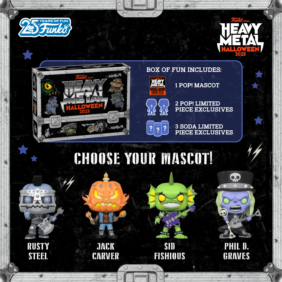 Which band are you picking for the Heavy Metal Halloween Box of Fun? The headliners are Pop! Rusty Steel, Pop! Jack Carver, Pop! Sid Fishious, and Pop! Phil D. Graves! Available at 9:30 AM PT on 10/12! For more on NYCC, check our blog: bit.ly/3ti6q4R #NYCC #Funko