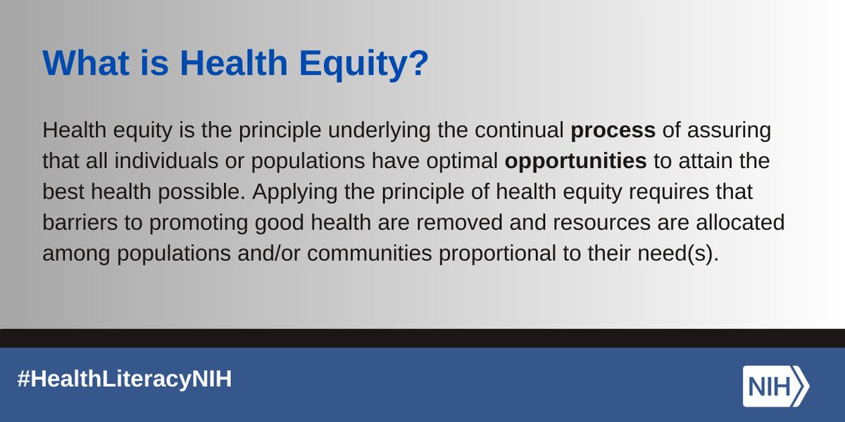 NIMHD is building awareness of health literacy October. The principle of “Health Equity” sits at the heart of our work. What does it mean? How is it integrated into research and practice? Learn more:  bit.ly/45ihWKP #HealthLiteracyNIH #HealthLiteracyMonth