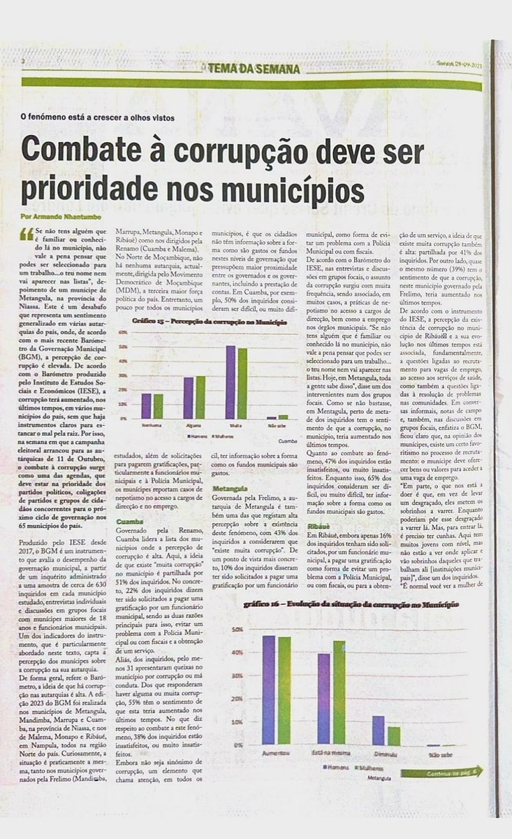 IESE1's tweet photo. "O fenómeno está a crescer a olhos vistos. Combate à corrupção deve ser prioridade nos municípios" - @ArmandoNhantu11 - Barómetro da Governação Municipal de #Cuamba, #Mandimba, #Marrupa, #Metangula (em Niassa), #Malema, #Monapo e #Ribáuè (em Nampula). @SAVANAONLINE, 29.09.2023. https://t.co/CBOwz90YZx