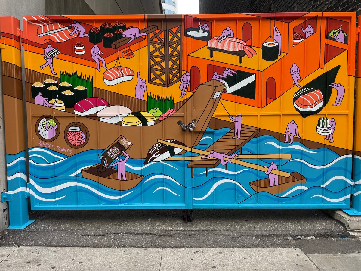 Whimsical and wonderful new Toronto mural: "Sushi Shipyards" by @mixt.paints