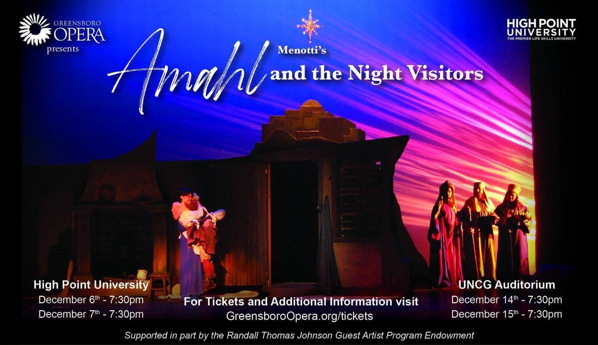 GreensboroOpera's tweet photo. It's Gian Carlo Menotti's 𝓐𝓶𝓪𝓱𝓵 𝓪𝓷𝓭 𝓽𝓱𝓮 𝓝𝓲𝓰𝓱𝓽 𝓥𝓲𝓼𝓲𝓽𝓸𝓻𝓼
TICKETS NOW ON SALE!
Dec. 14 &amp; 15 - UNCGAuditorium

Click here to secure your tickets:
12/14 - https://t.co/994cBqh65x
12/15 - https://t.co/MfkREk2Bkw

Join us for this holiday favorite! https://t.co/Ve1hImEKt3
