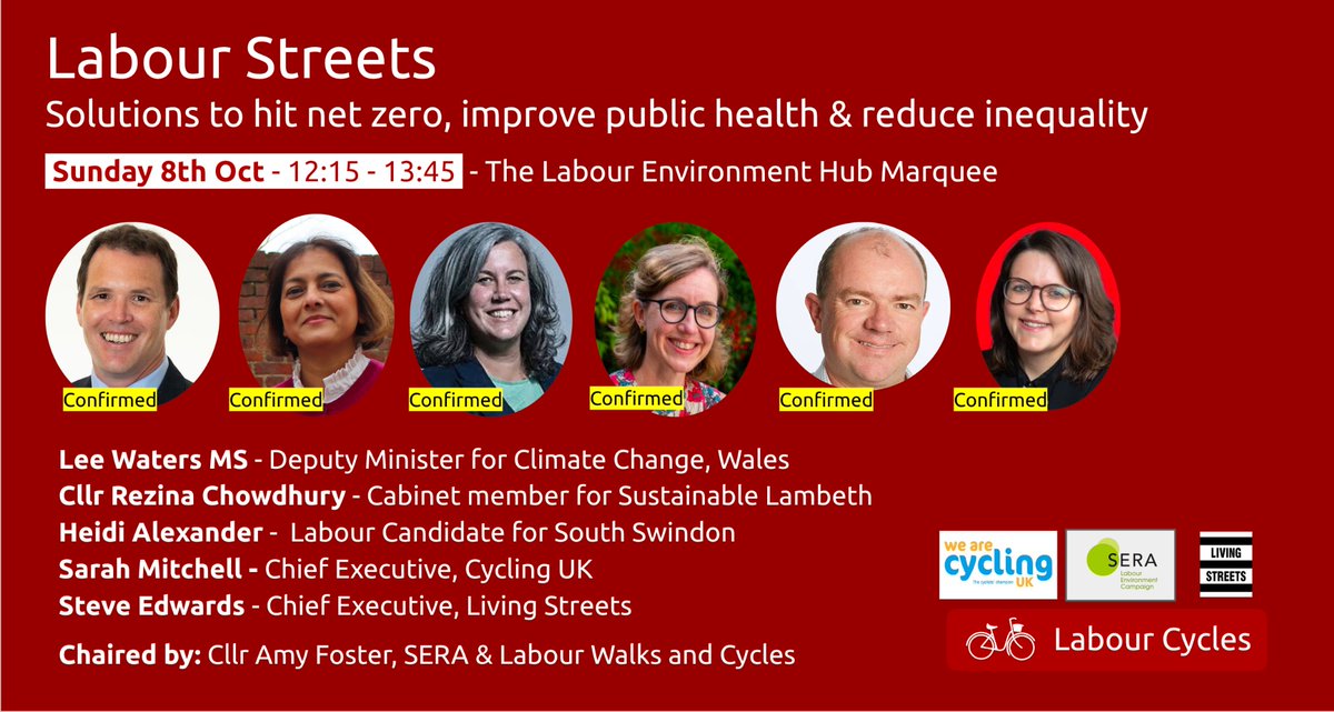 LabourCycles's tweet photo. Sunday at conference - join us! 

Communities across the UK are asking for safe pleasant routes to 🚶🏿‍♀️ &amp; 🚲.  What are the policy implications? How can Labour support communities create fairer, greener streets? https://t.co/nCFVCXmS2k