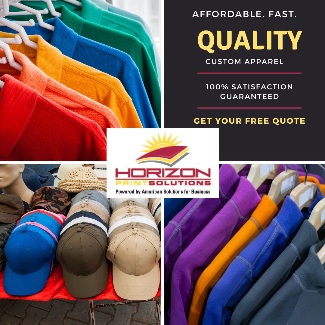 HorizonPrintSo1's tweet image. The biggest selection of custom apparel items from corporate uniforms to customer loyalty. With so many options contact us to get started: 1l.ink/PTGKGMC #CustomApparel #HorizonPrintSolutions #BrandedShirts #BrandedMerchandise #Hats #TShirts #GolfApparel #GiveawayApparel