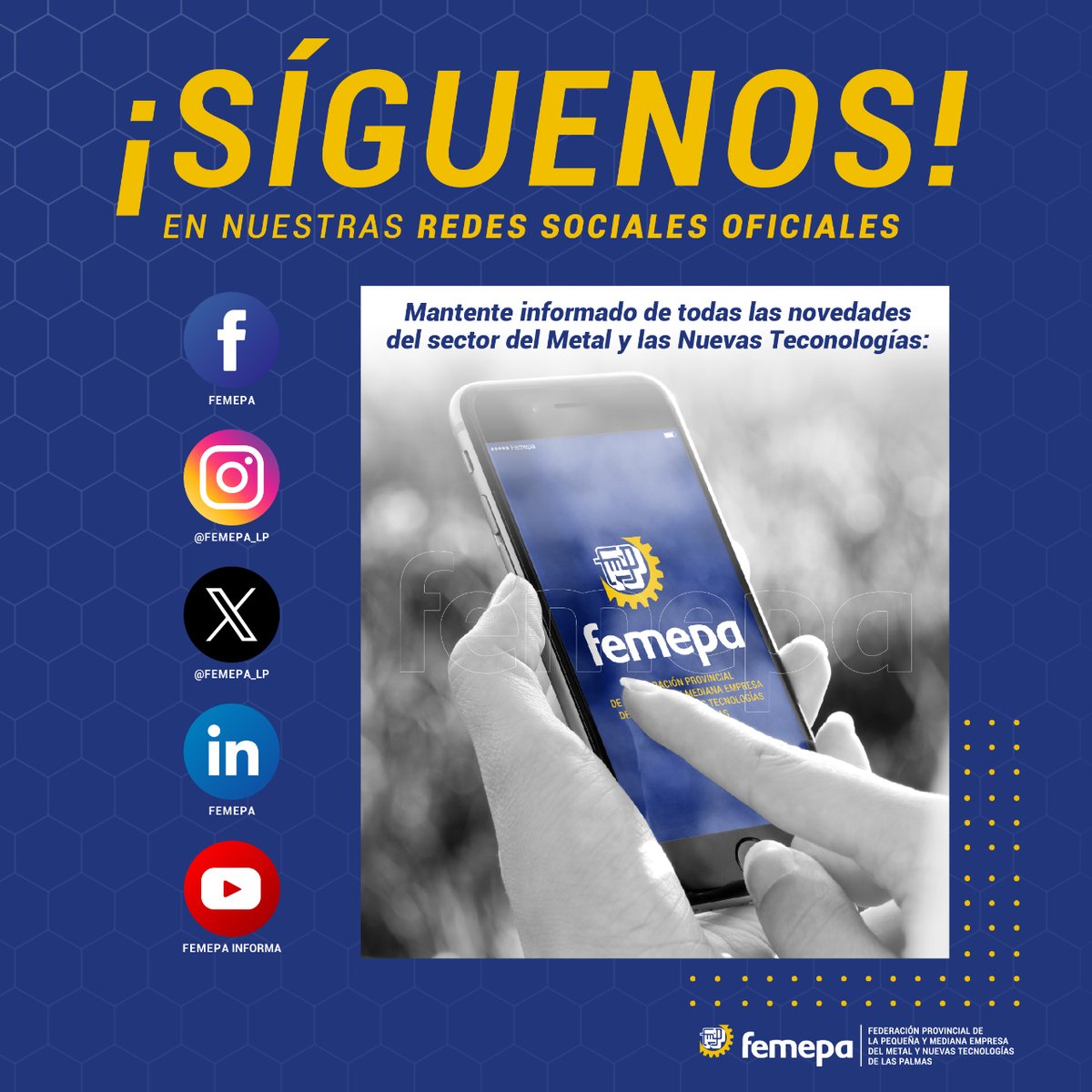 FEMEPA_LP's tweet photo. 🚀 SÍGUENOS EN RRSS‼️ si quieres mantenerte informado de todas las novedades del Sector del Metal. 

🔹Facebook > https://t.co/mReFZVwHUe
🔹Instagram > https://t.co/P3nMFoLkZc
🔹LinkedIn > https://t.co/lUteOSSojj
🔹YouTube > https://t.co/X5KHelSp8E https://t.co/8g1MVNeMtN