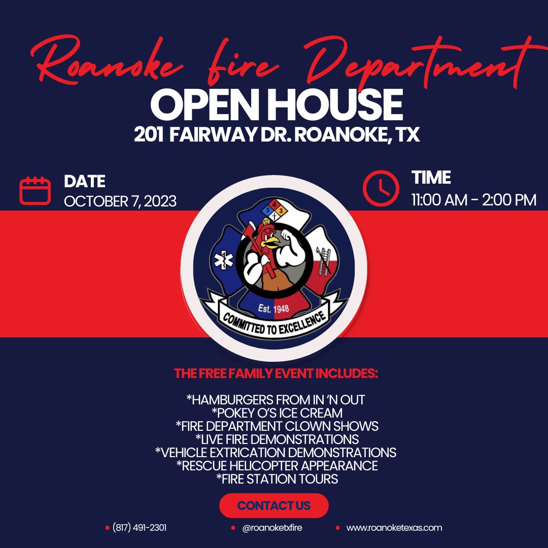 REMINDER: Join us this Saturday, 10/7, between 11AM &amp; 2PM for the annual Fire Department Open House. The FREE event includes:
*In ‘N out
* Pokey O’s 
* Fire Department Clown Shows
* Fire Demonstrations
* Vehicle Extrication Demo
* Rescue Helicopter Appearance
* Fire Station Tours