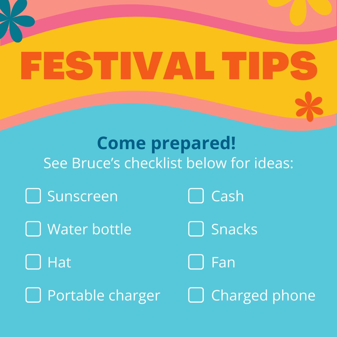UTBruceTheBat's tweet photo. Prepare for a fun and safe festival experience with these tips. Swipe for Bruce's checklist of things to bring! https://t.co/n9HUOFZT1d