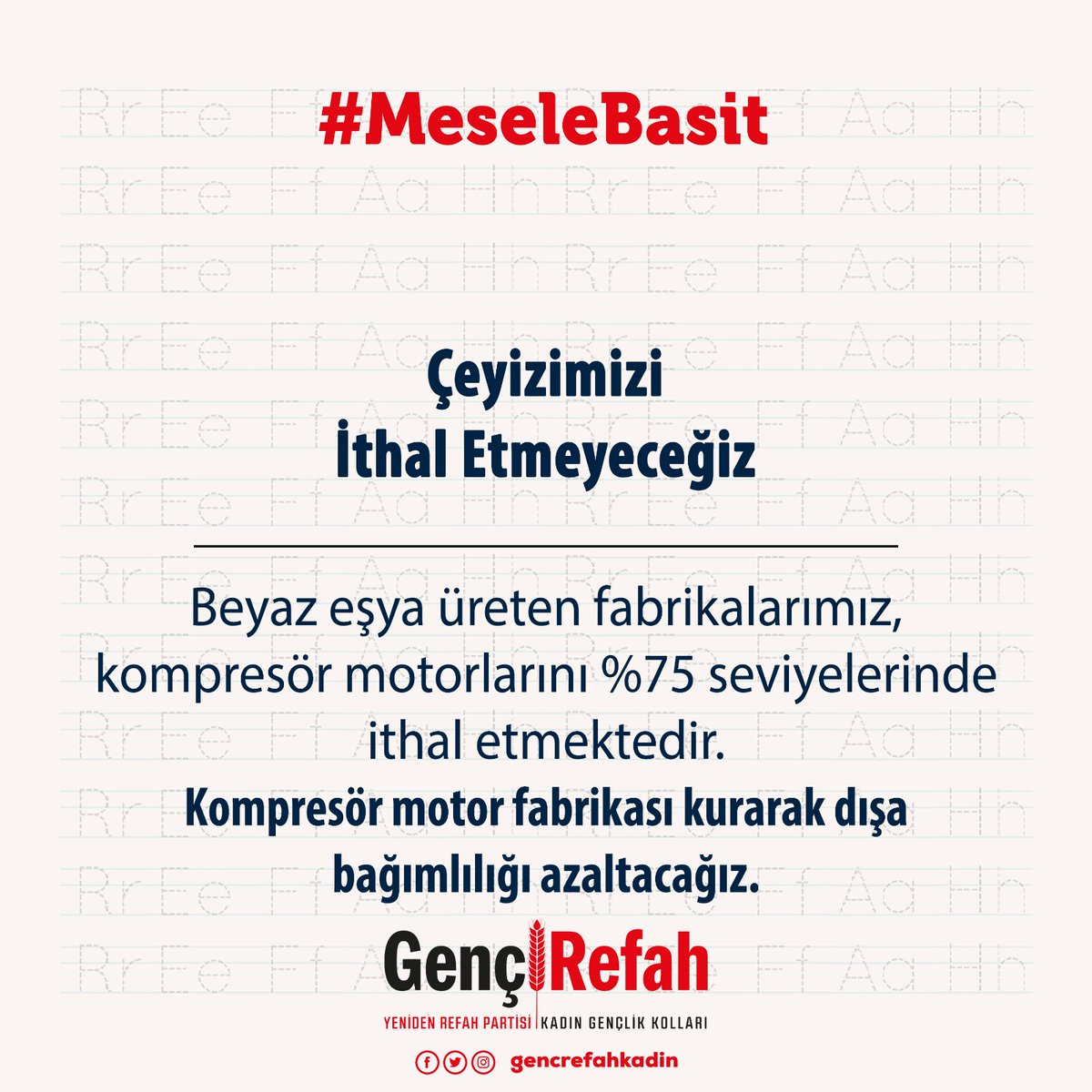 Beyaz eşya üreten fabrikalarımız, kompresör motorlarını %75 seviyelerinde ithal etmekte ve milyarlarca dolar döviz ödemektedirler. #MeseleBasit Kompresör motor fabrikası kurarak dışa bağımlılığı azaltacağız.

FatihErbakan