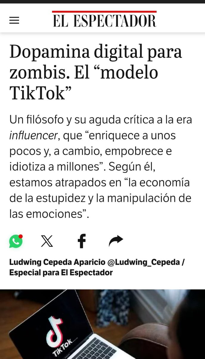 Dopamina digital para zombis

Les comparto el más reciente especial que escribí para El Espectador 🤓

"Nos dirigimos hacia una sociedad de idiotas del más alto nivel, narcisistas dados al menor esfuerzo y ávidos de ser complacidos de manera ilimitada..."

elespectador.com/el-magazin-cul…