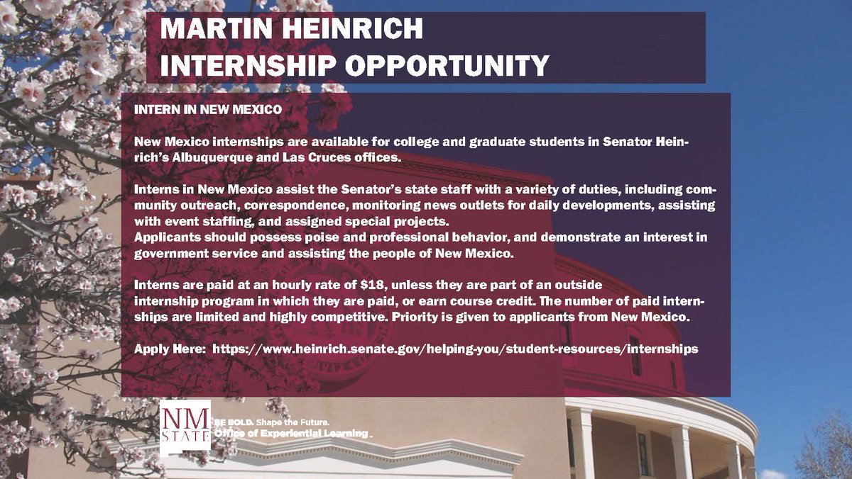 NMSUgov's tweet photo. Paid internships are available in Senator Martin Heinrich's local offices in Las Cruces and Albuquerque!  Great experience from the internship covers a broad array of issues, such as health, agriculture, education, and more.  See info below to apply! #nmsu https://t.co/YzzrM0pS8U